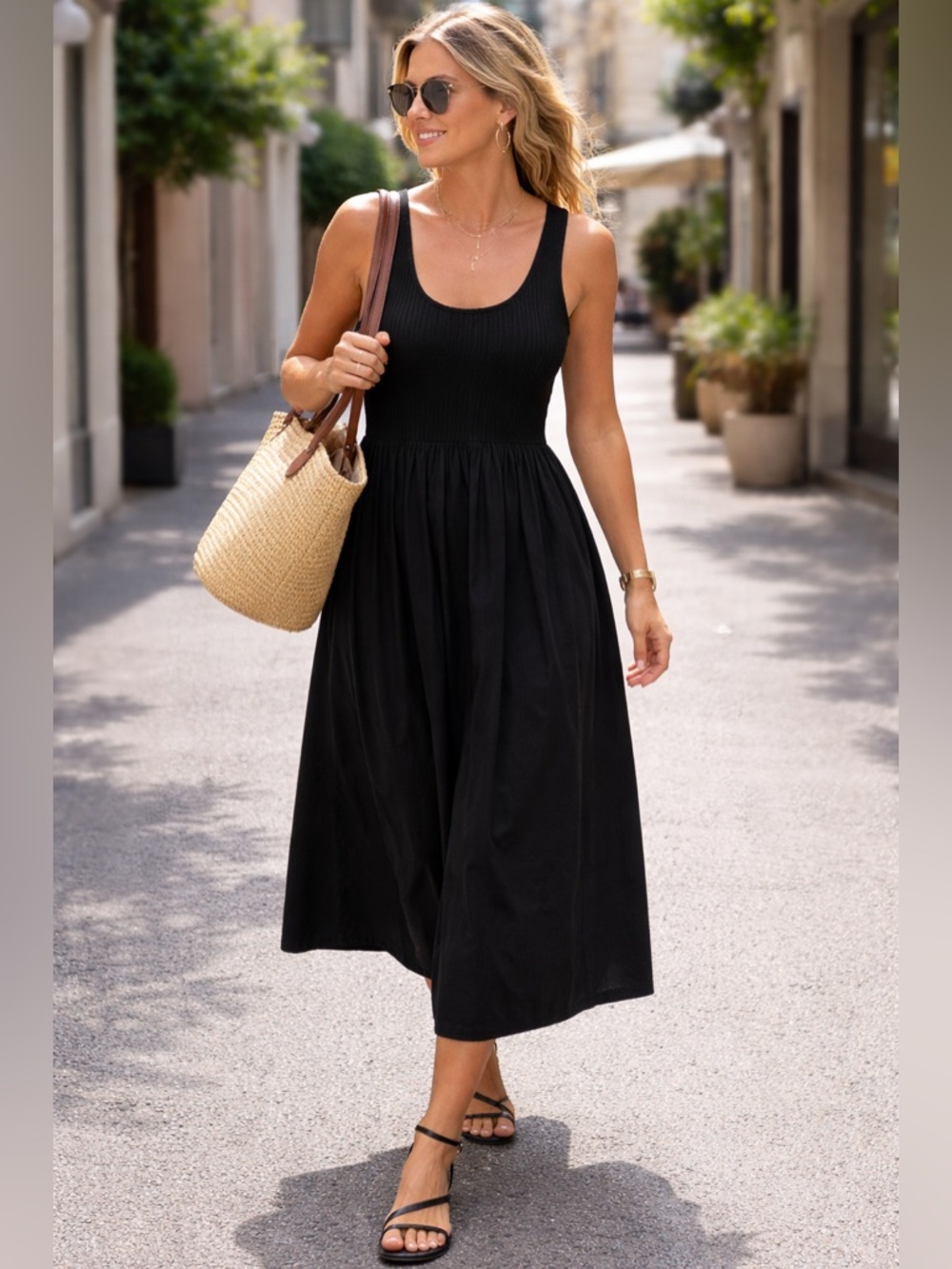 Flattering dress! Black Sleeveless Midi Dress - Classic Scoop Neck.